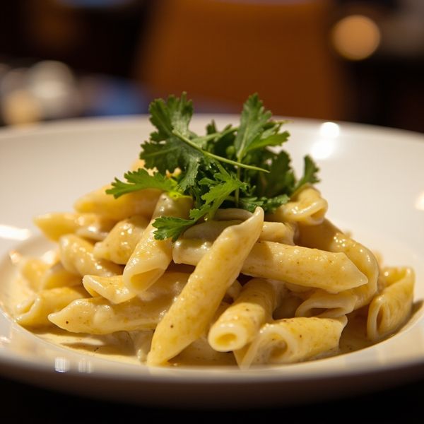 Creamy alfredo penne pasta with fresh cilantro