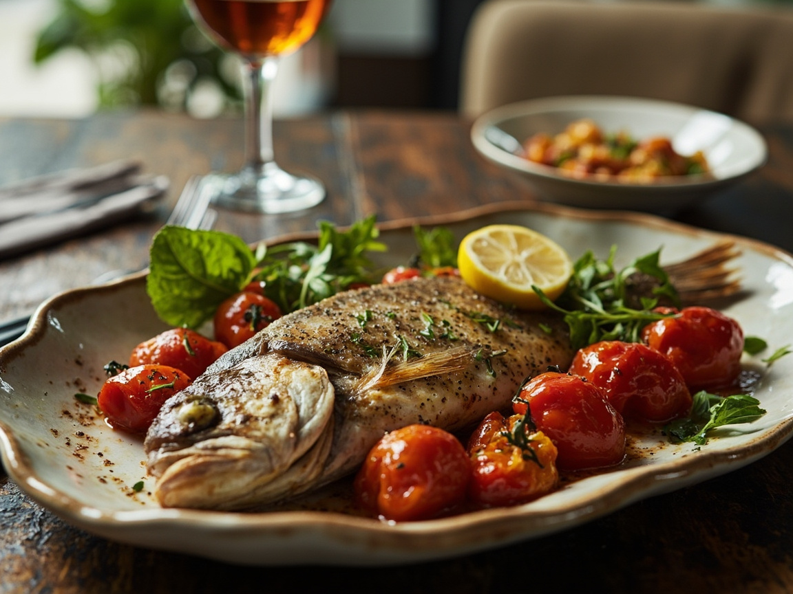 A wood-fired secondo of roasted branzino