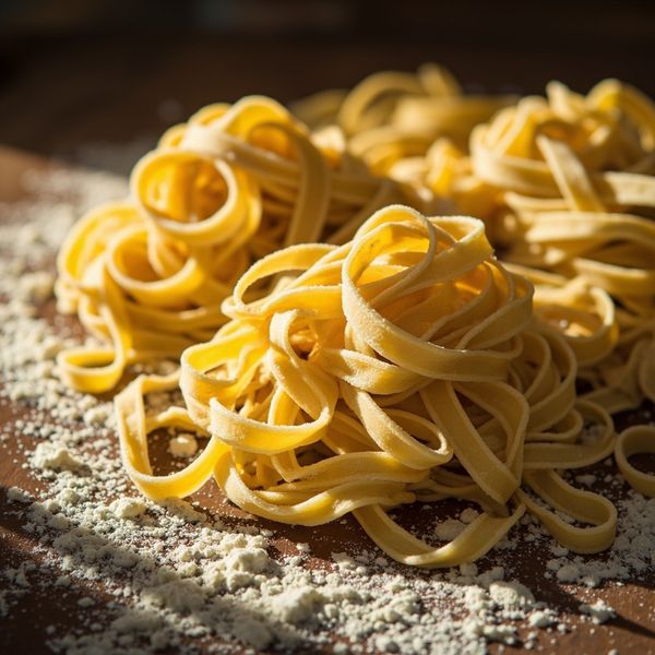 Fresh handmade pasta on a rustic wooden surface
