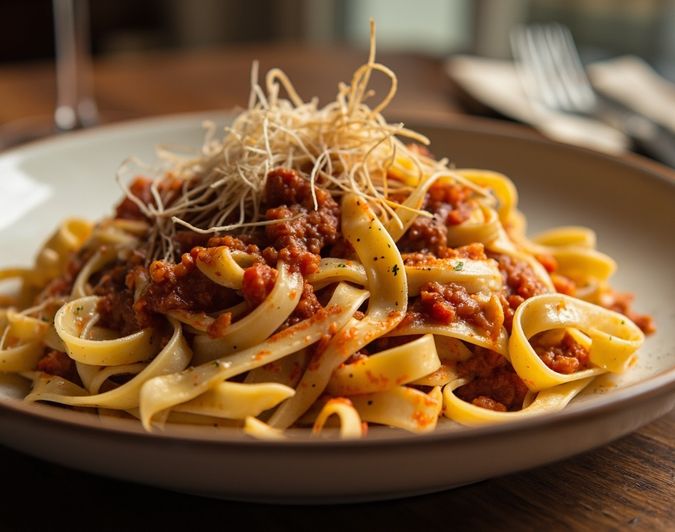 A plate of fresh tagliatelle in a rich ragù, finished with Parmigiano