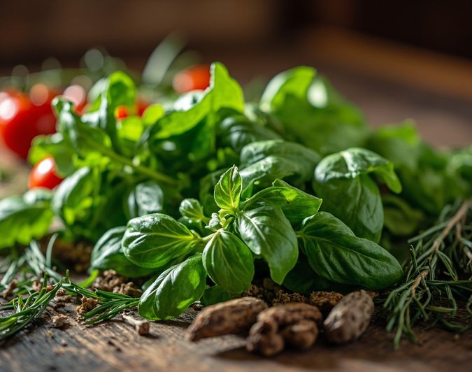 Fresh basil, rosemary, and herbs laid out before cooking