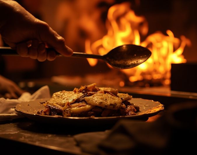 A dish finishing over the flame in our open kitchen