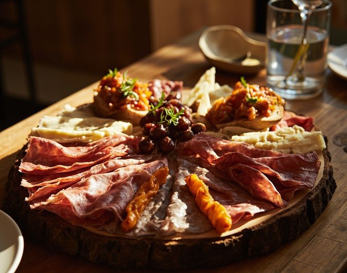 A shared spread of cured meats, cheeses, and bruschetta