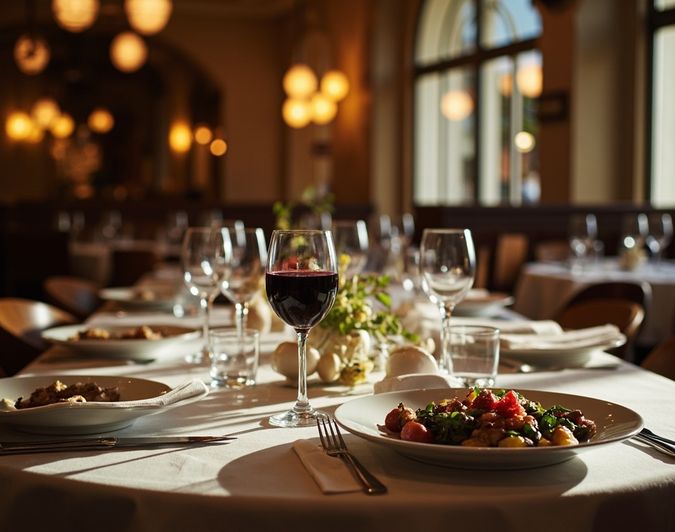 A shared table set for a family-style Italian meal