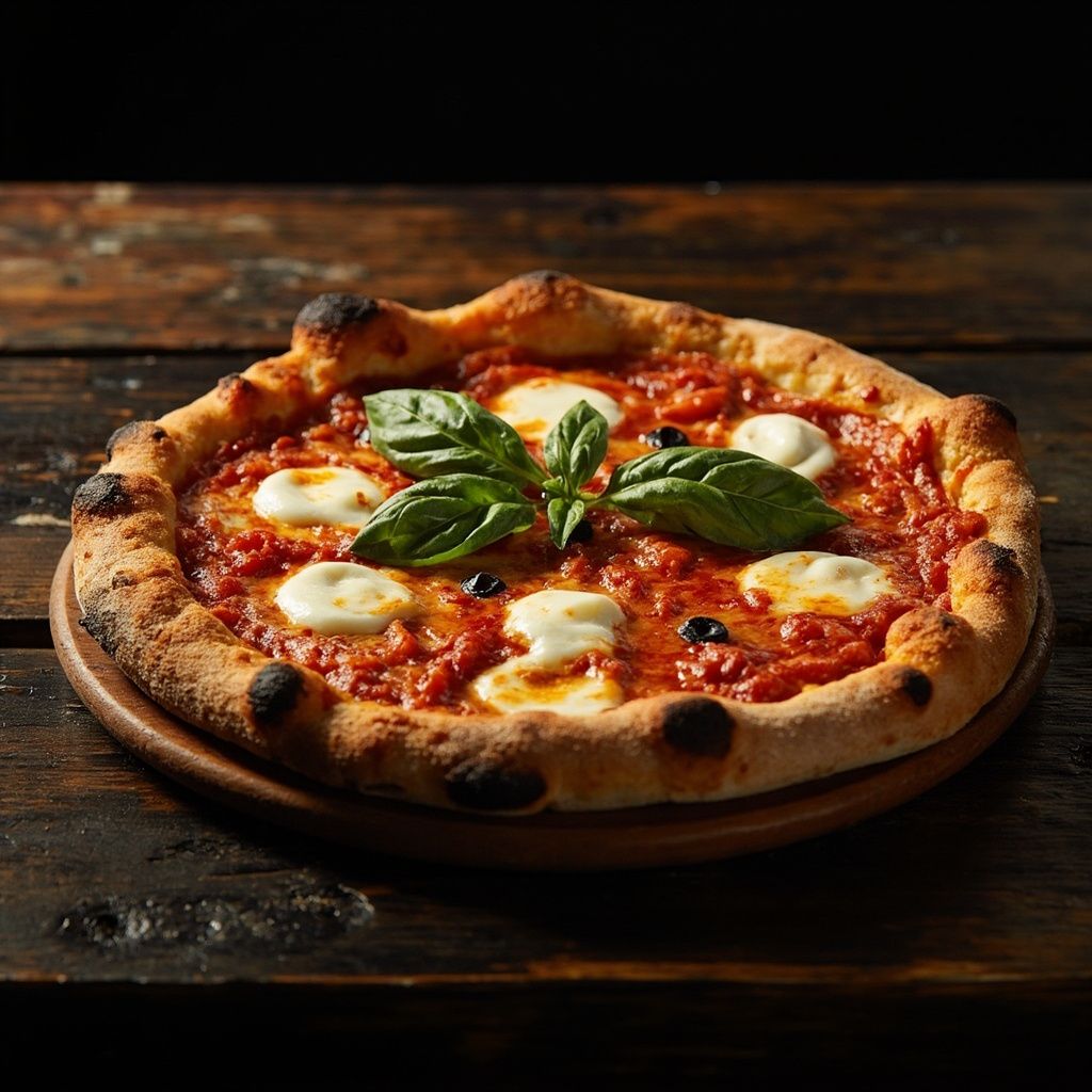 A perfectly centered pizza with fresh mozzarella and basil
